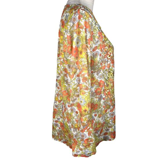 Multiples Top Blouse Retro Floral Large L Semi-Sheer 70s Roll Tab Sleeves - Picture 6 of 9